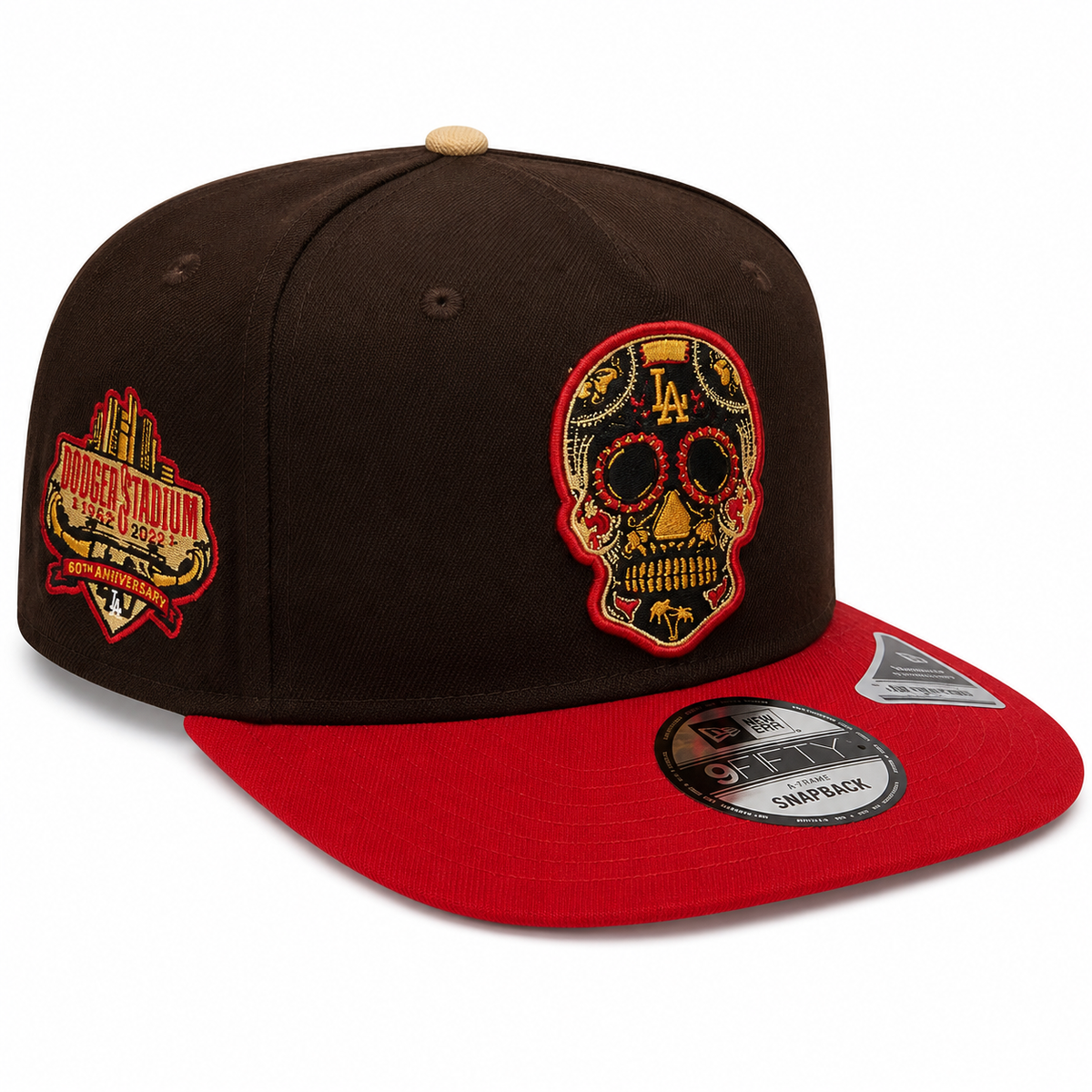 Los Angeles Dodgers brown and red Sugar Skull New Era 9FIFTY A-Frame snapback hat - front view