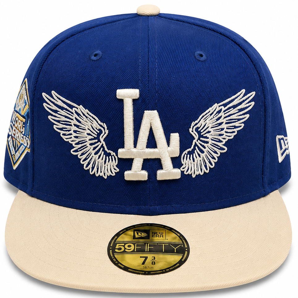 Los Angeles Dodgers royal blue and cream winged LA New Era 59FIFTY fitted hat - back view