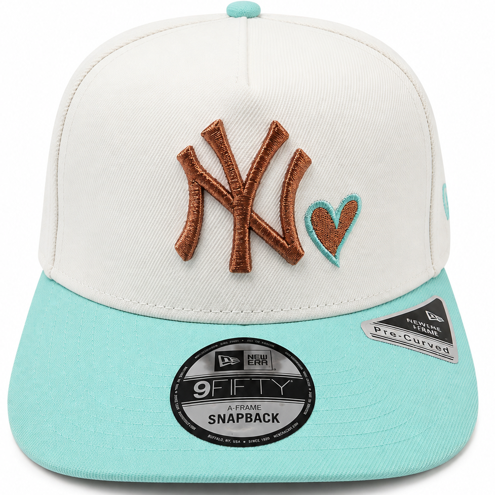 New Era NY Heart cream and turquoise 9FIFTY A-Frame snapback with copper NY logo - front view