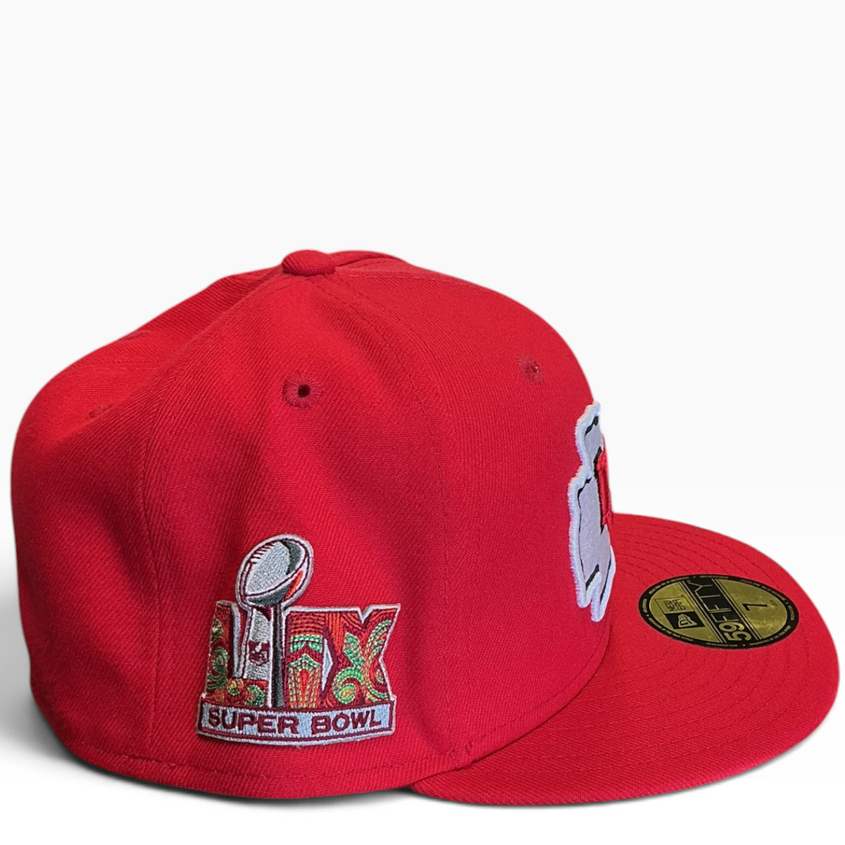 Kansas City Chiefs red Super Bowl LVIII Patch New Era 59FIFTY fitted hat - side view