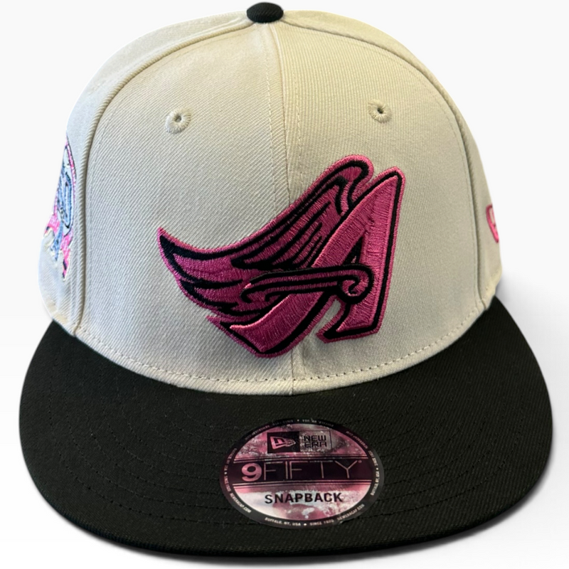 New Era Los Angeles Angels cream, black and pink 9FIFTY snapback hat - front view