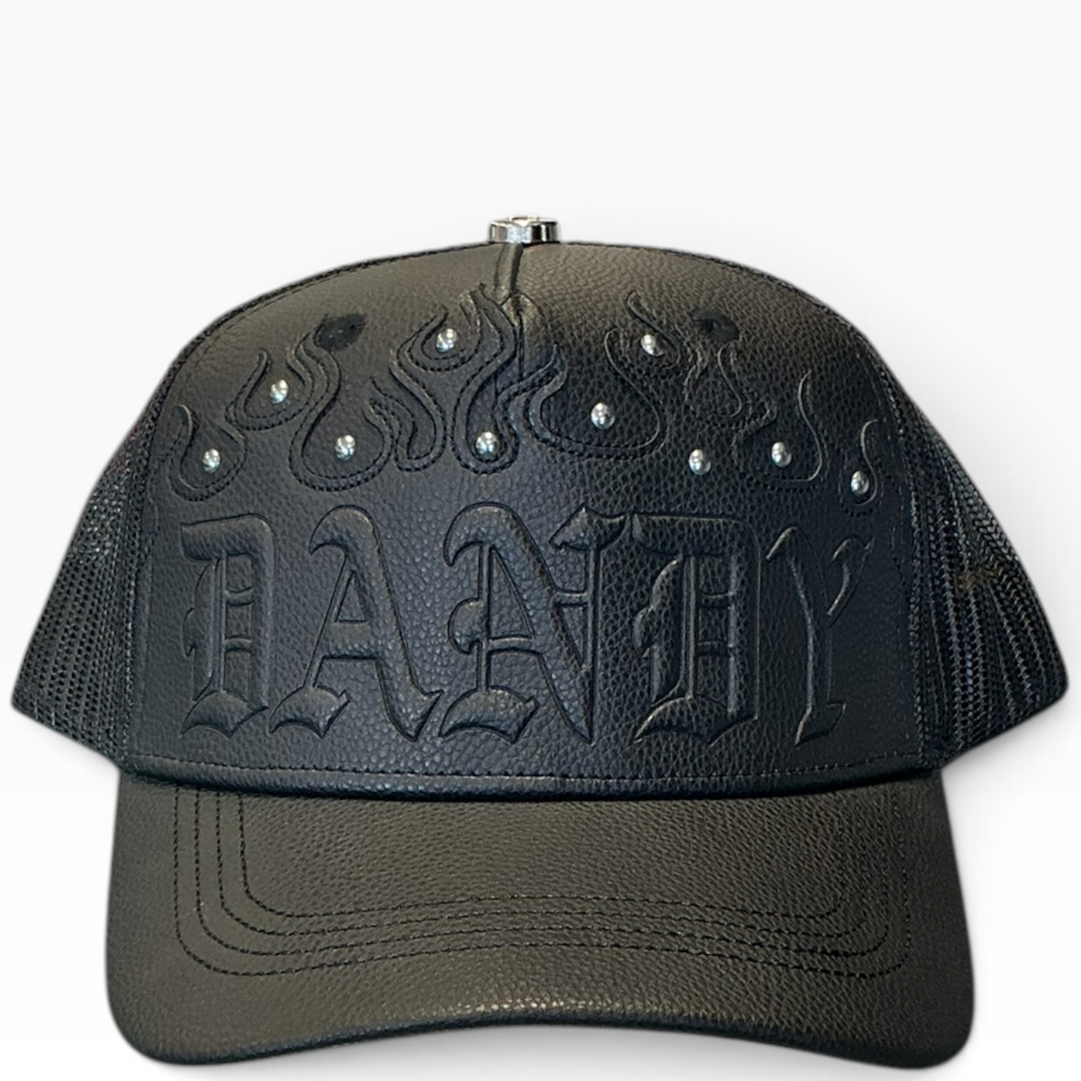 Dandy leather flame trucker hat with rhinestone accents - side view