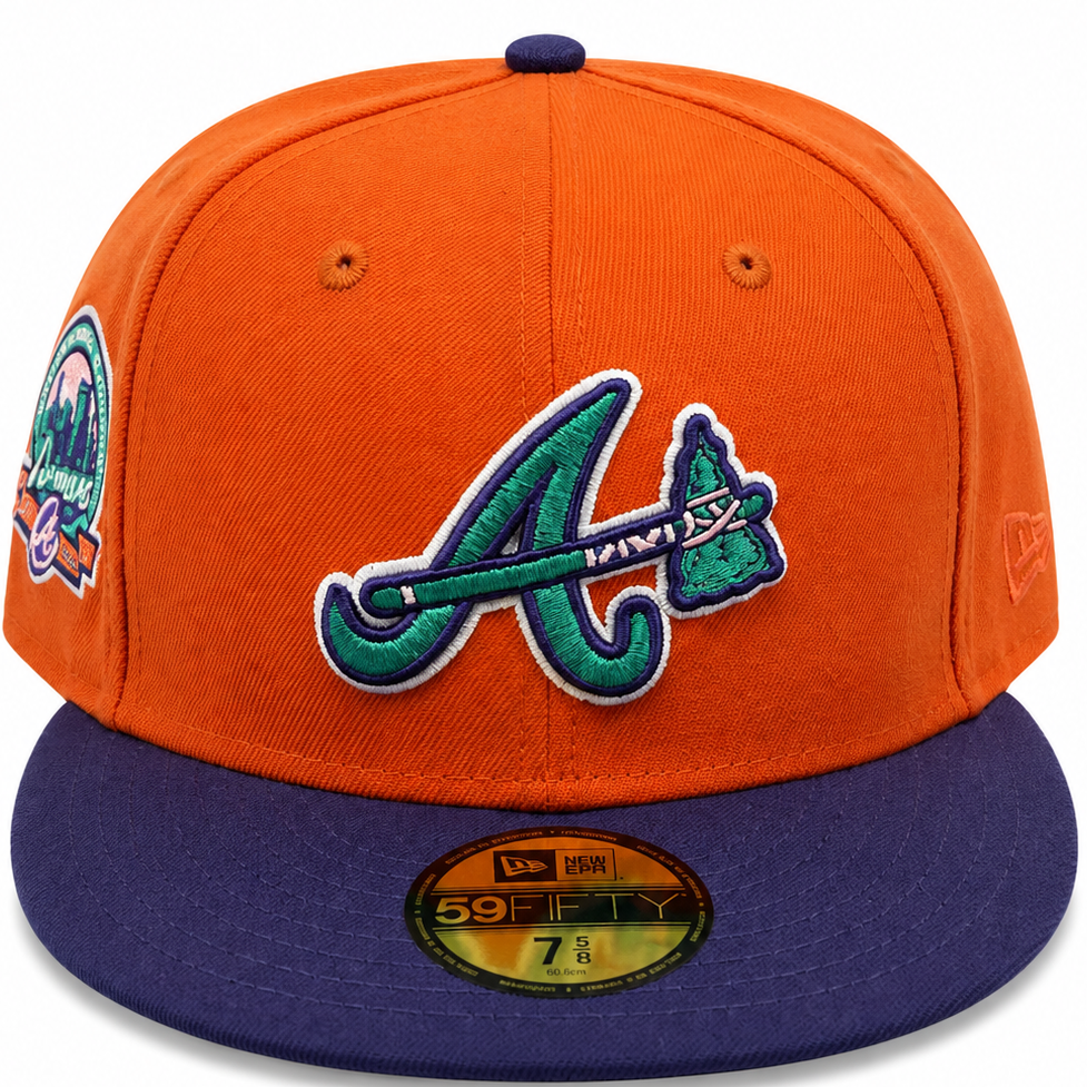 Atlanta Braves orange and purple New Era 59FIFTY fitted hat - back view
