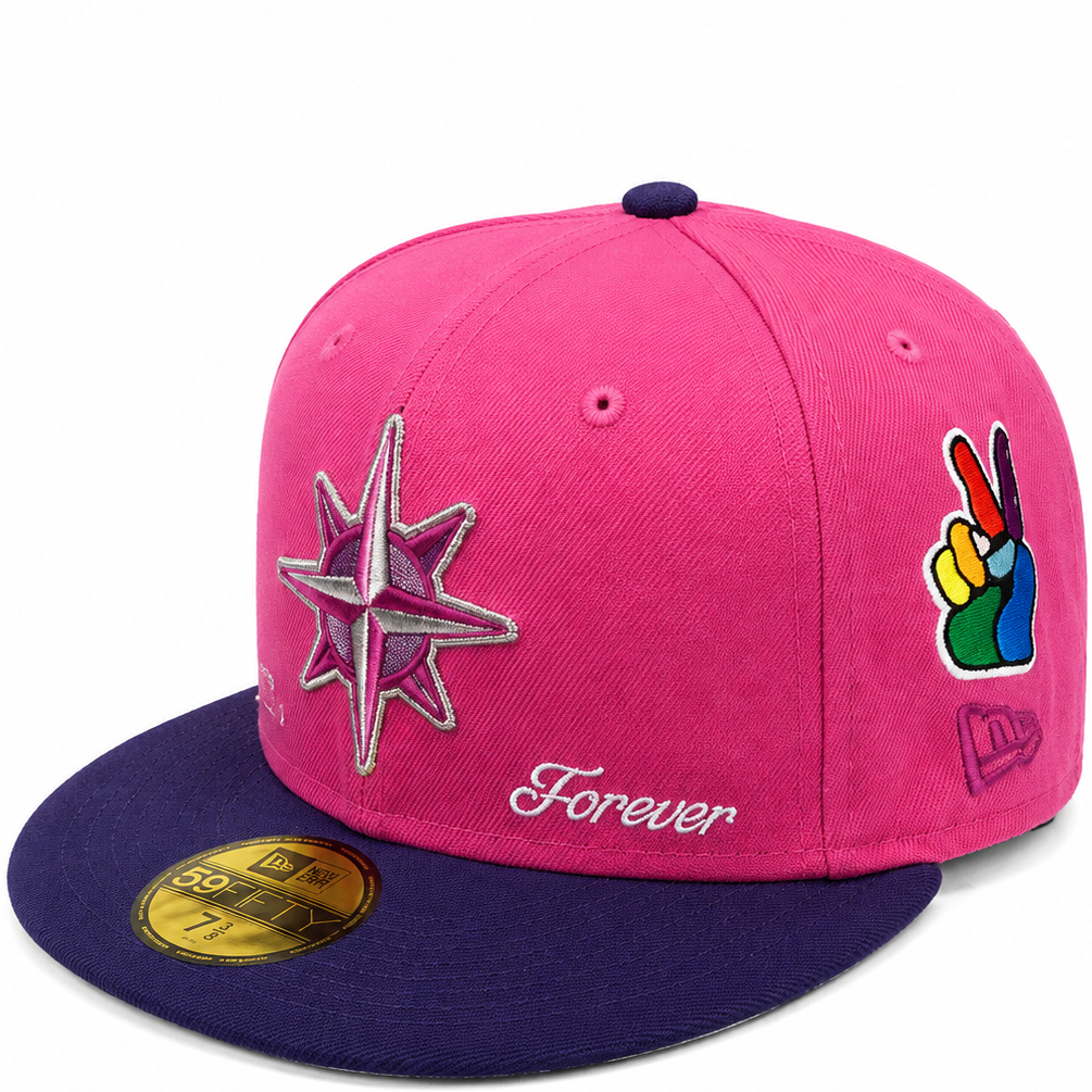 Seattle Mariners pink and purple New Era 59FIFTY fitted hat - front view