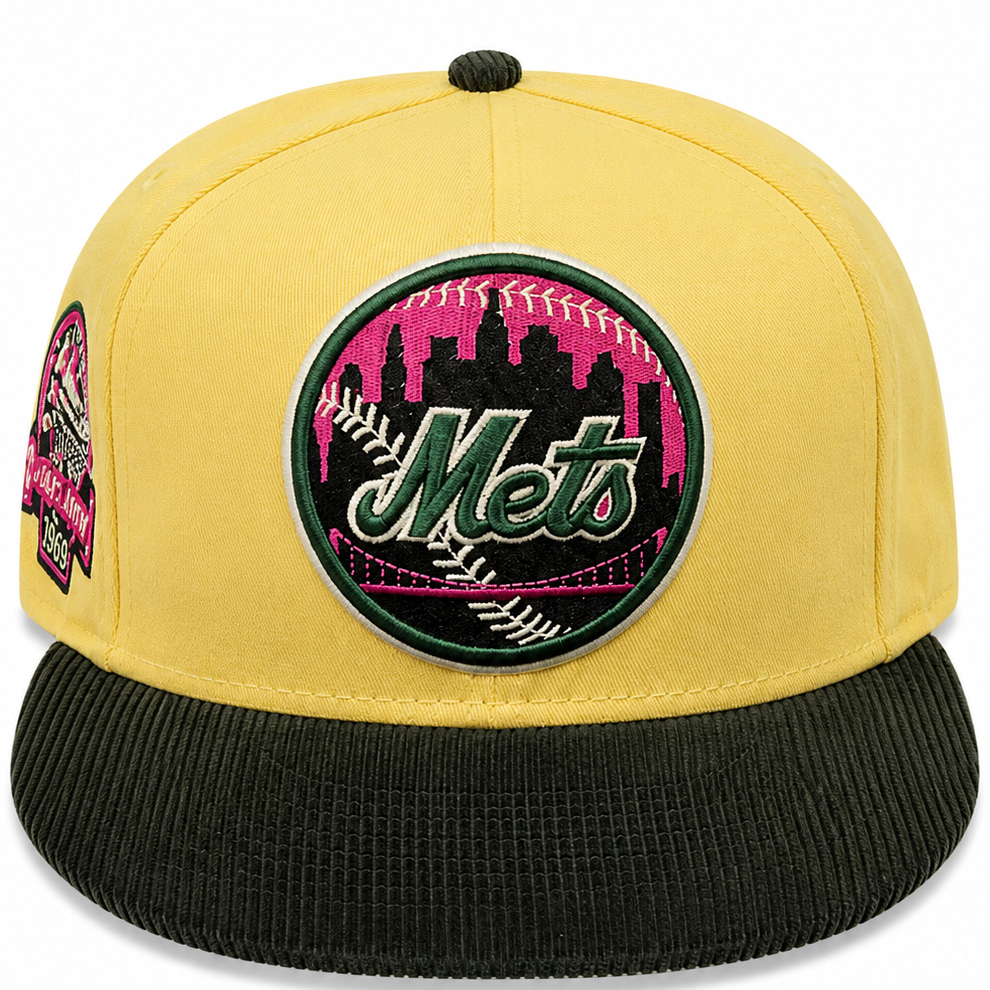 New York Mets yellow/dark green corduroy New Era 59FIFTY fitted hat - side view