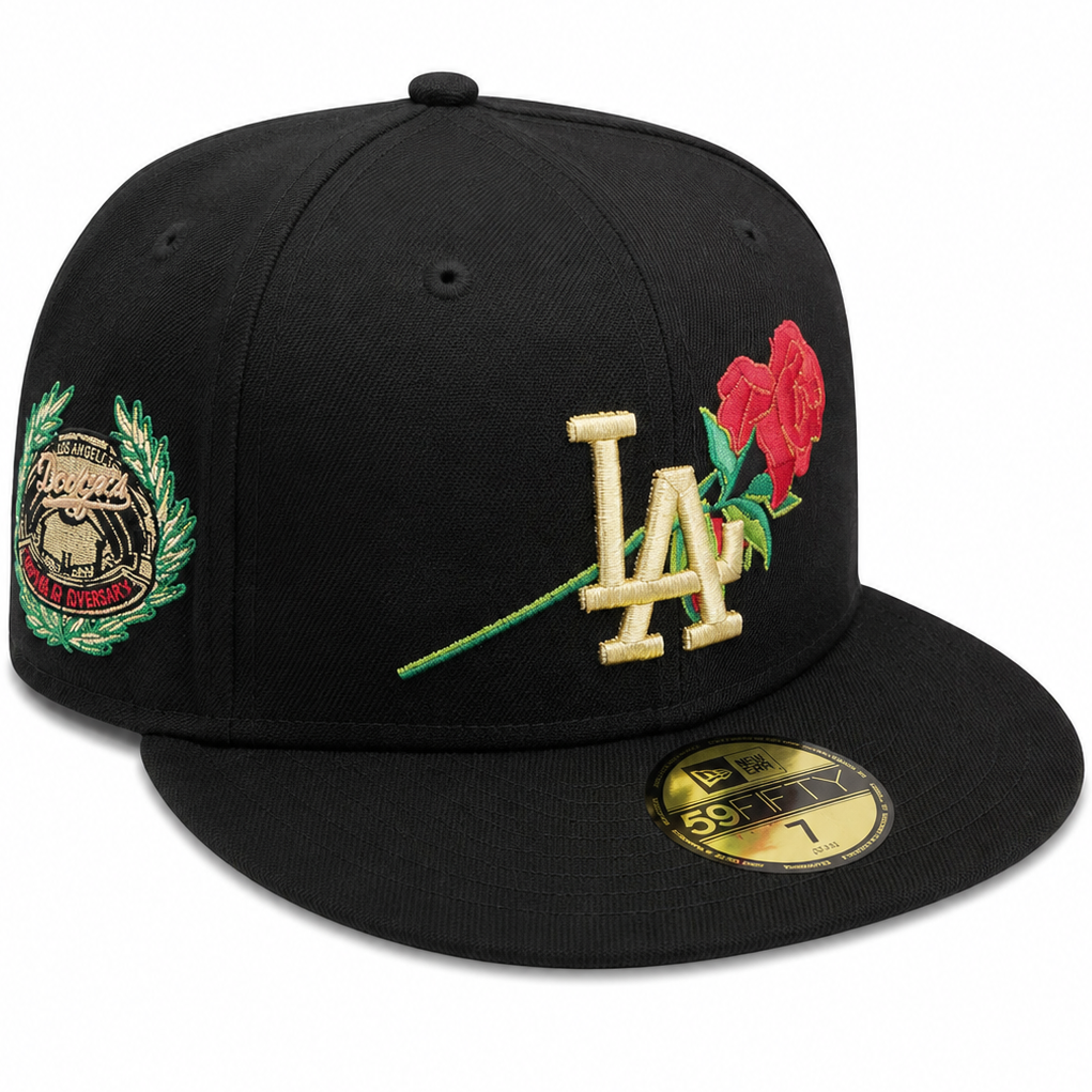 Los Angeles Dodgers LA Rose black 59FIFTY fitted hat with gold LA logo – view 1