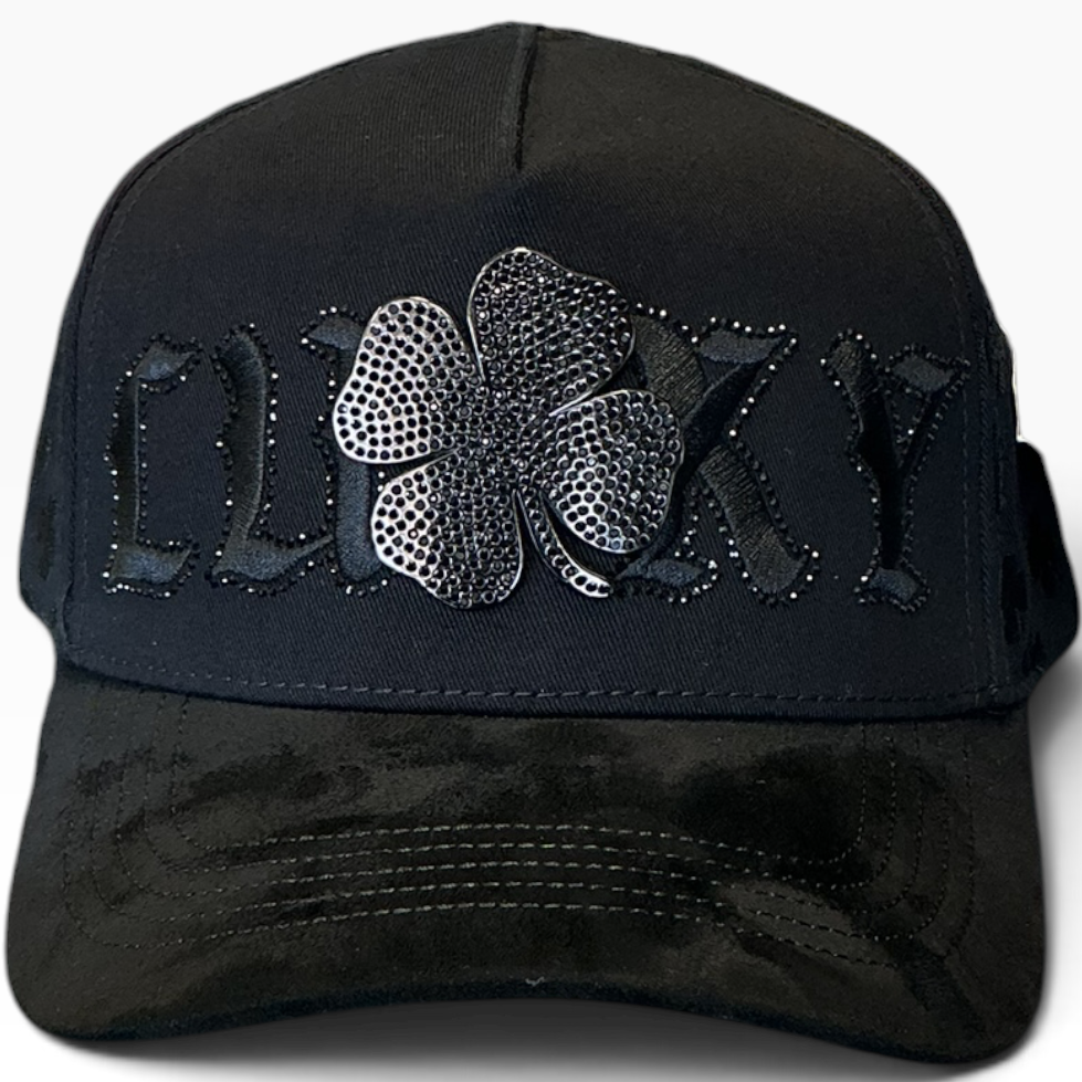 Good Luck clover snapback with GOOD LUCK back embroidery - back view