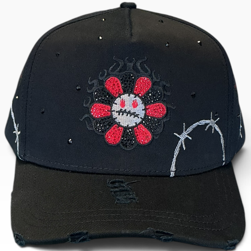Red flower barbed wire snapback - detail view