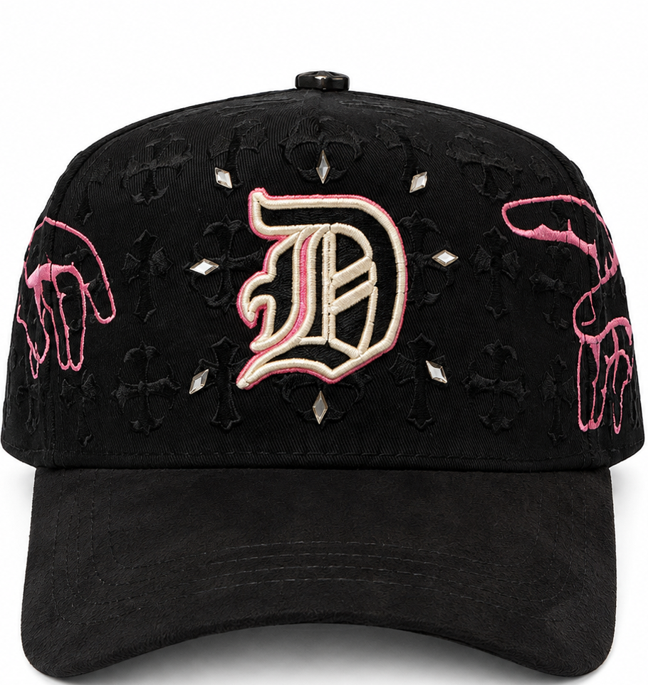 Black & Pink Gothic Hands "D" Snapback Hat – front view