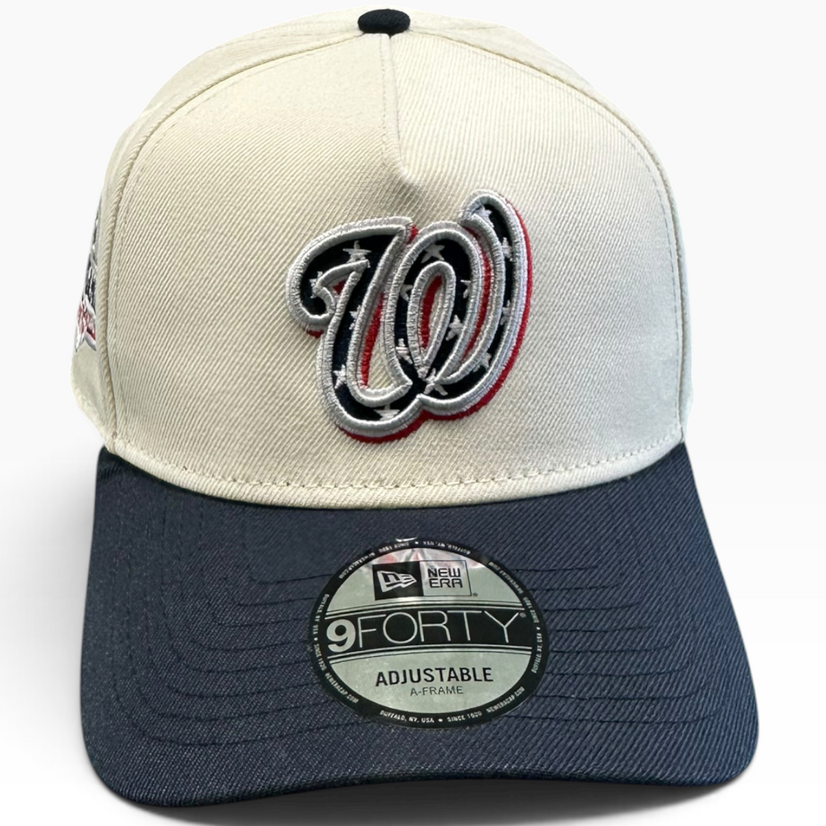 Washington Nationals cream and navy New Era 9FORTY A-Frame adjustable hat - front view