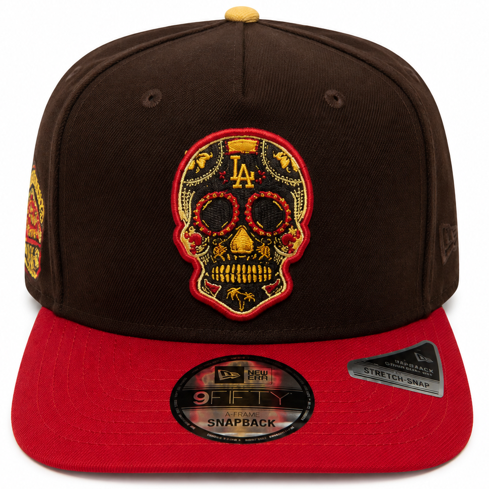 Los Angeles Dodgers brown and red Sugar Skull New Era 9FIFTY A-Frame snapback hat - side view