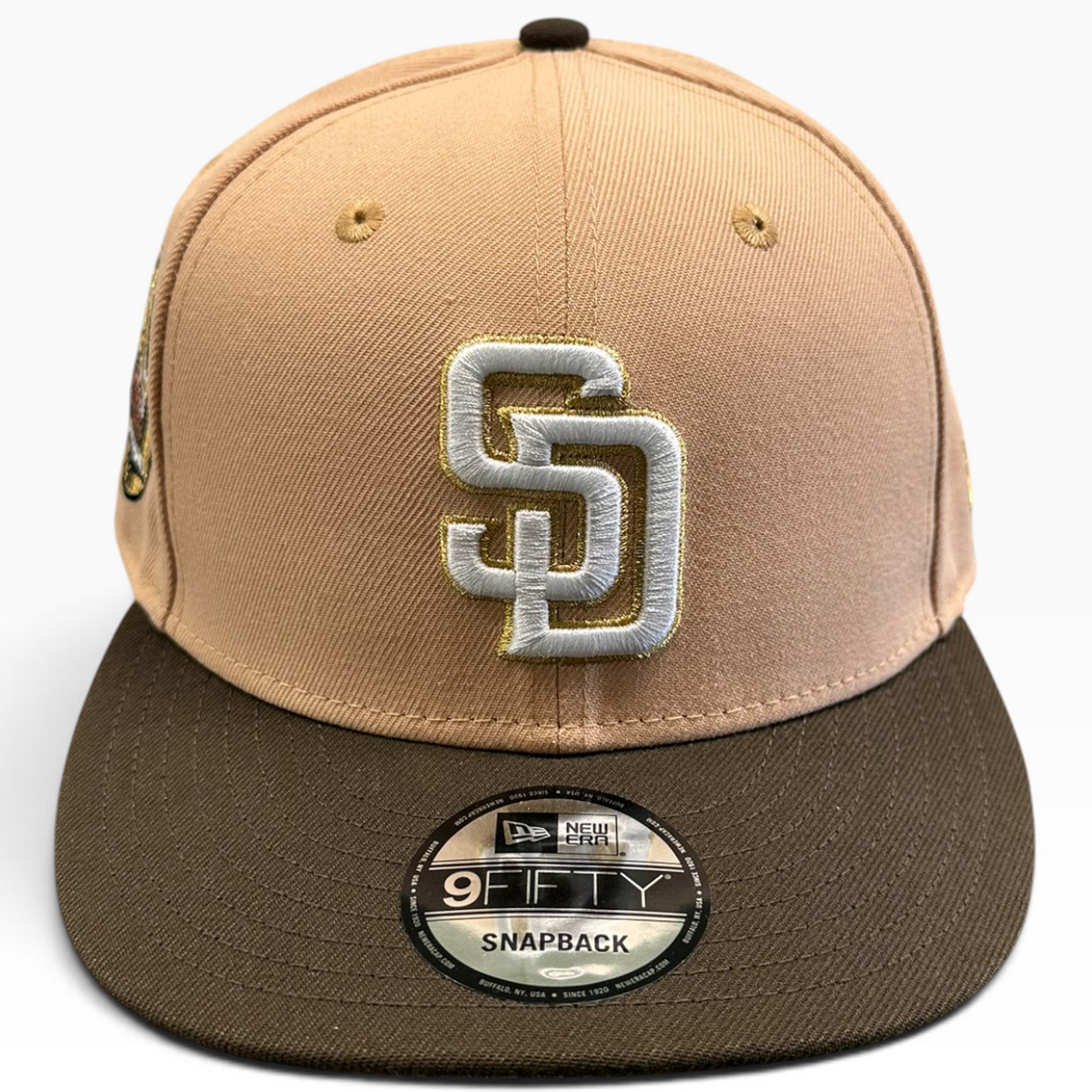 San Diego Padres Petco Park 20th Anniversary tan and brown New Era 9FIFTY snapback hat - front view