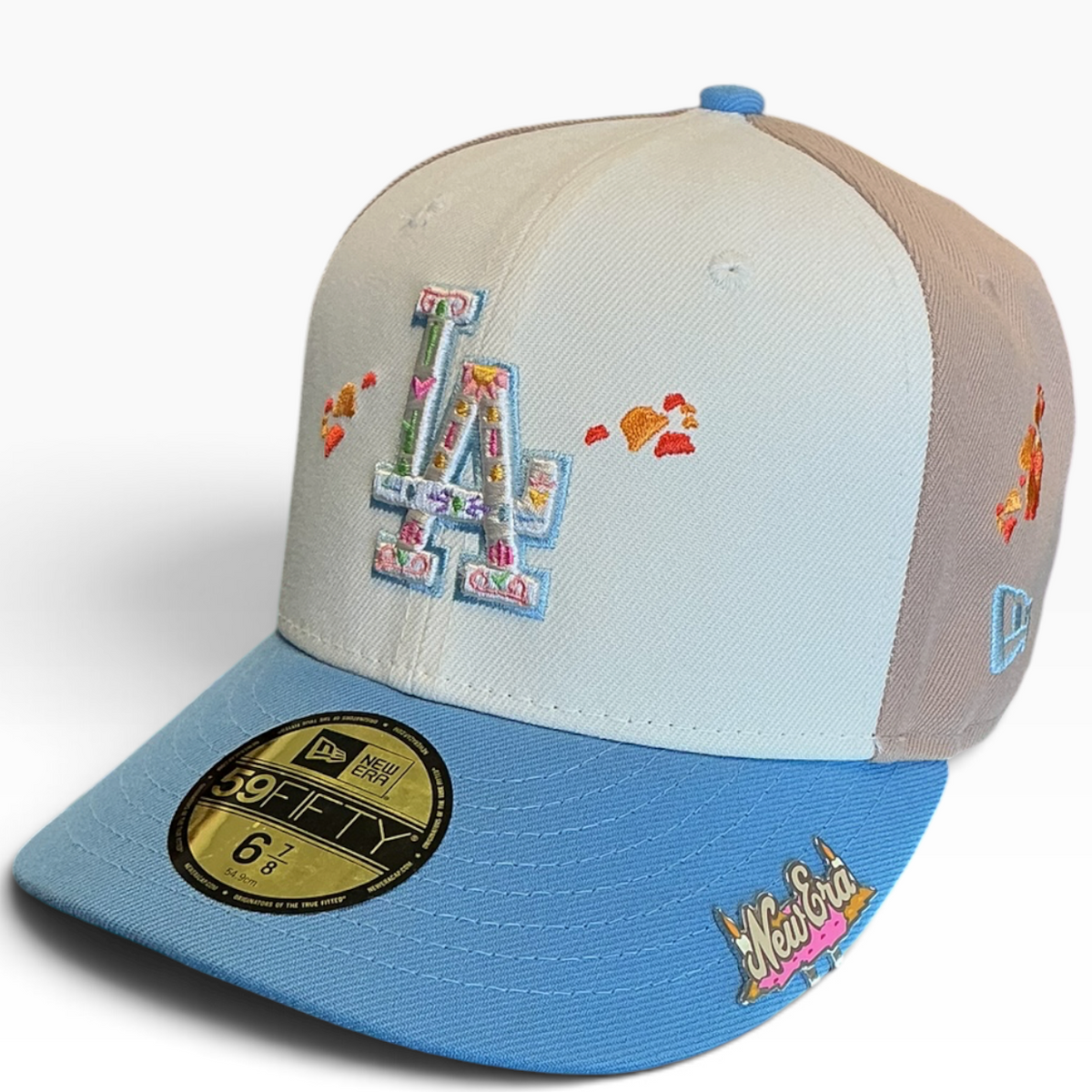 Los Angeles Dodgers cream, tan and blue LA Taco Embroidery New Era 59FIFTY fitted hat - side view
