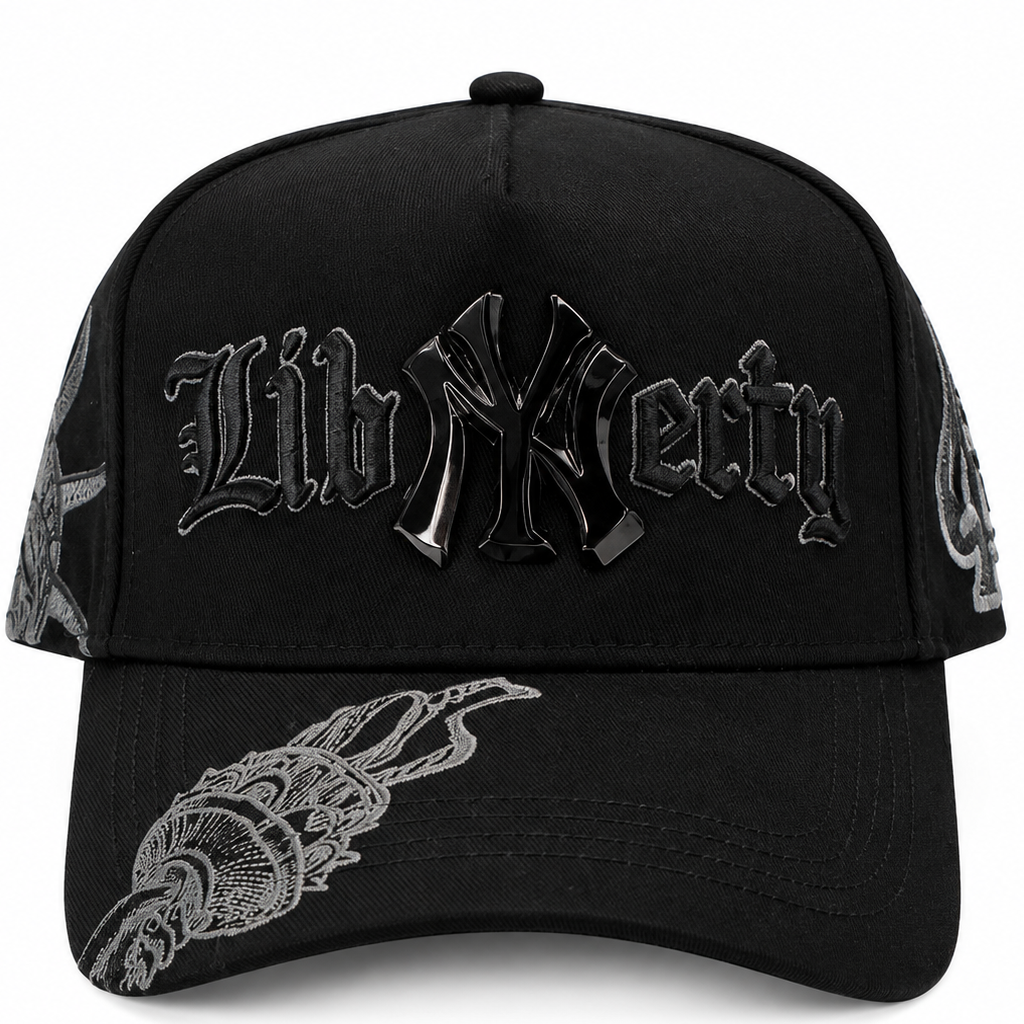 Liberty New York black embroidered snapback hat with Liberty lettering - front view