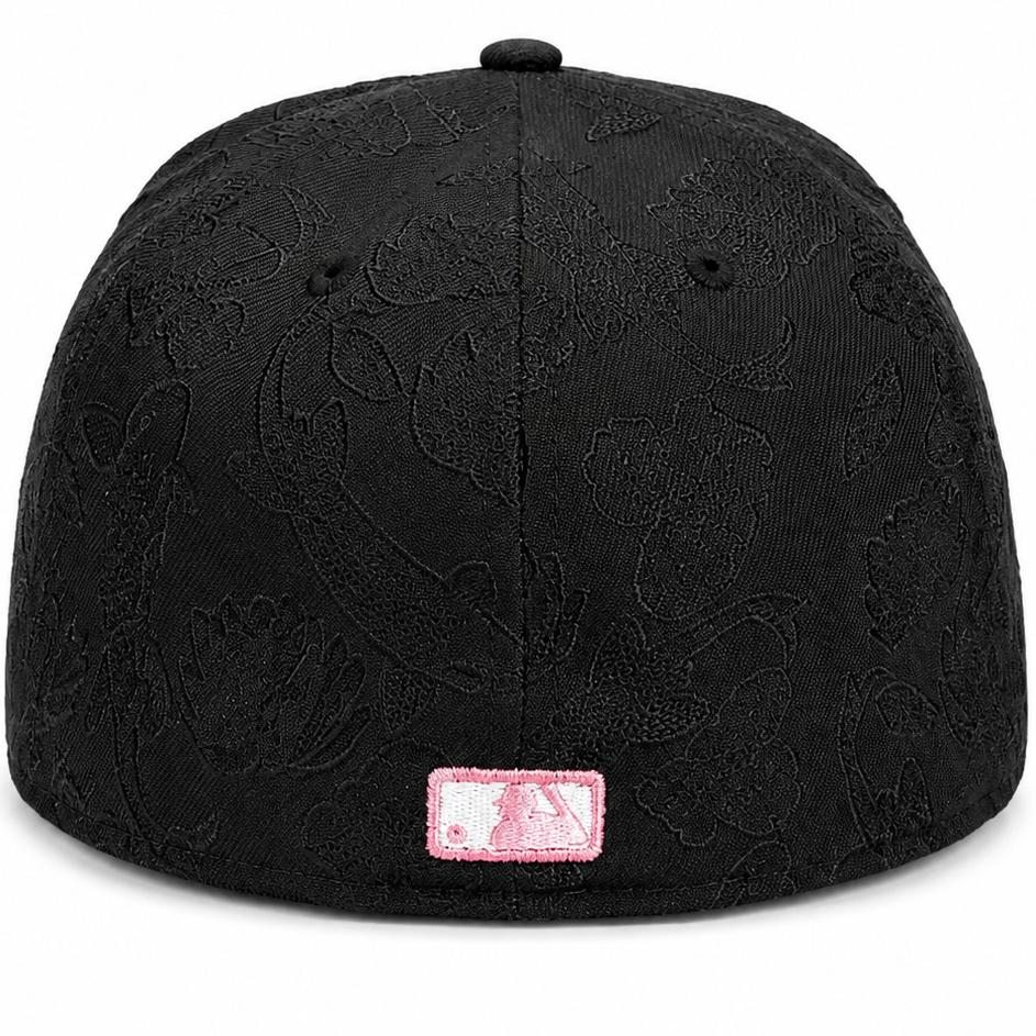 San Diego Padres black floral fitted hat – back view with tonal floral embroidery and pink MLB logo