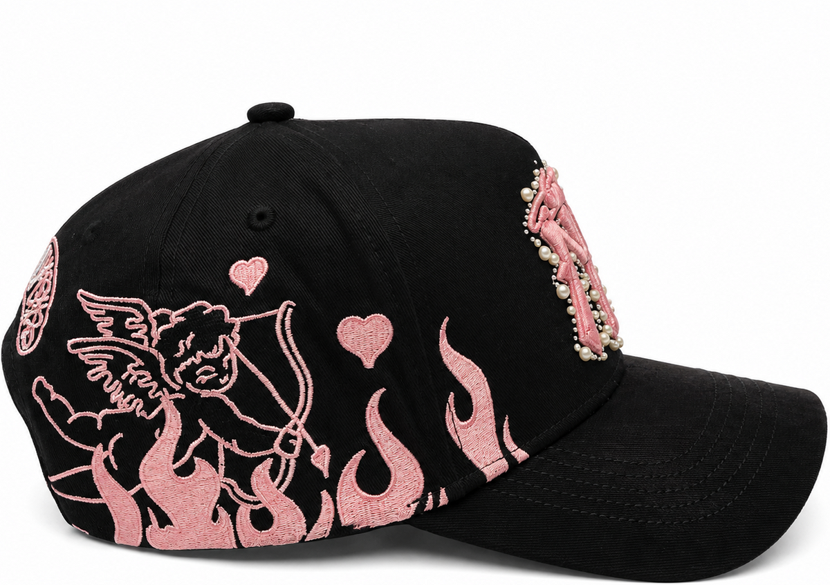 Cupid flame cap with heart and flame graphics - side view