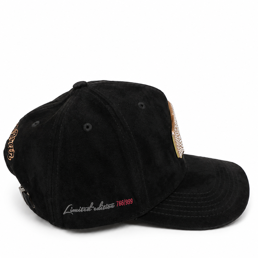 Black suede rhinestone star cap with Super Star back embroidery - back view