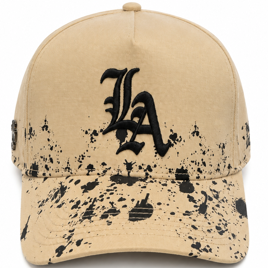 Cash Only LA Paint Splatter Tan Snapback Hat – front view