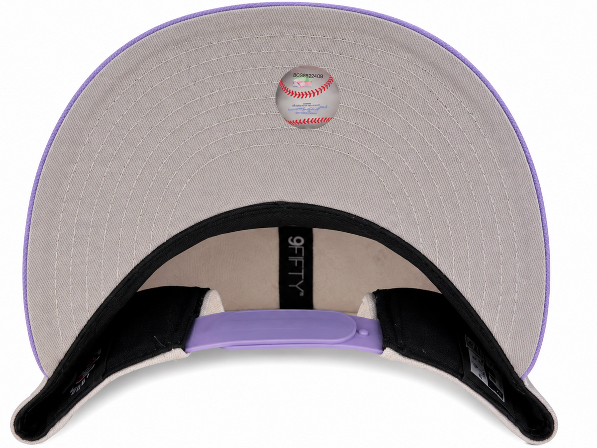 New Era Boston Red Sox gray and lavender 9FIFTY snapback hat with lavender B logo - front view
