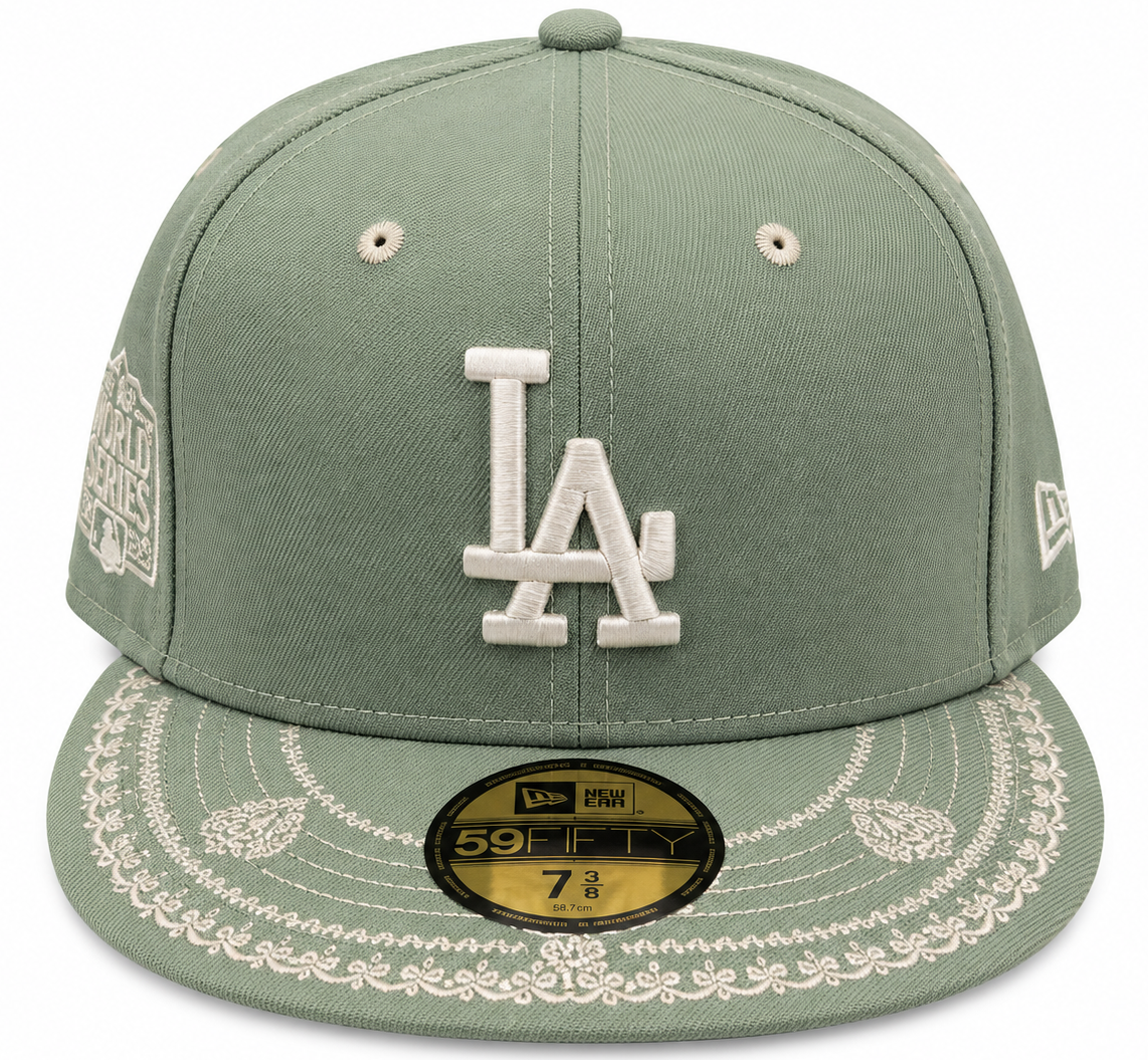 Los Angeles Dodgers sage green and cream 2020 World Series paisley New Era 59FIFTY fitted hat - front view