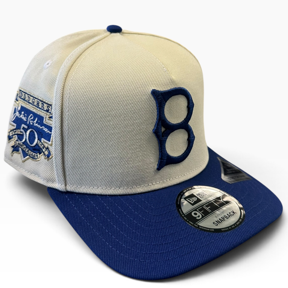 Brooklyn Dodgers cream and royal blue New Era 9FIFTY A-Frame snapback hat - side view