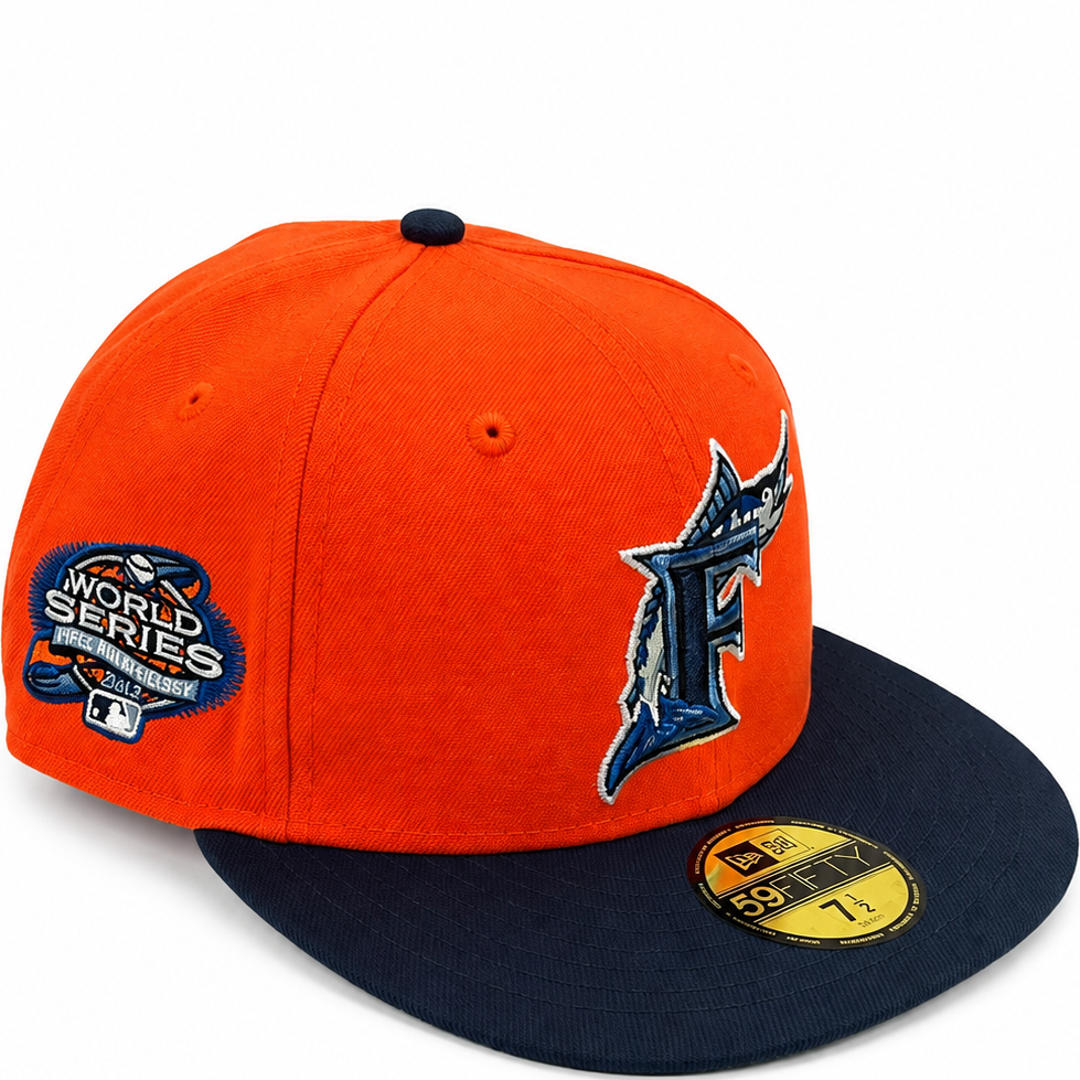 Florida Marlins orange and navy World Series New Era 59FIFTY fitted hat - side view