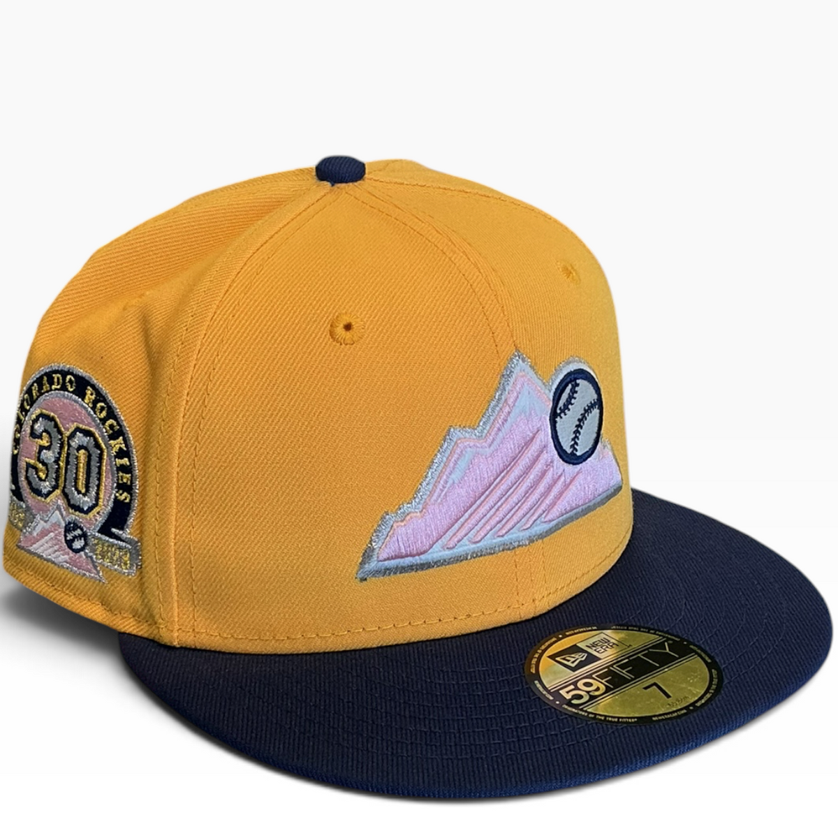 Colorado Rockies gold and navy 30th Anniversary New Era 59FIFTY fitted hat - front view