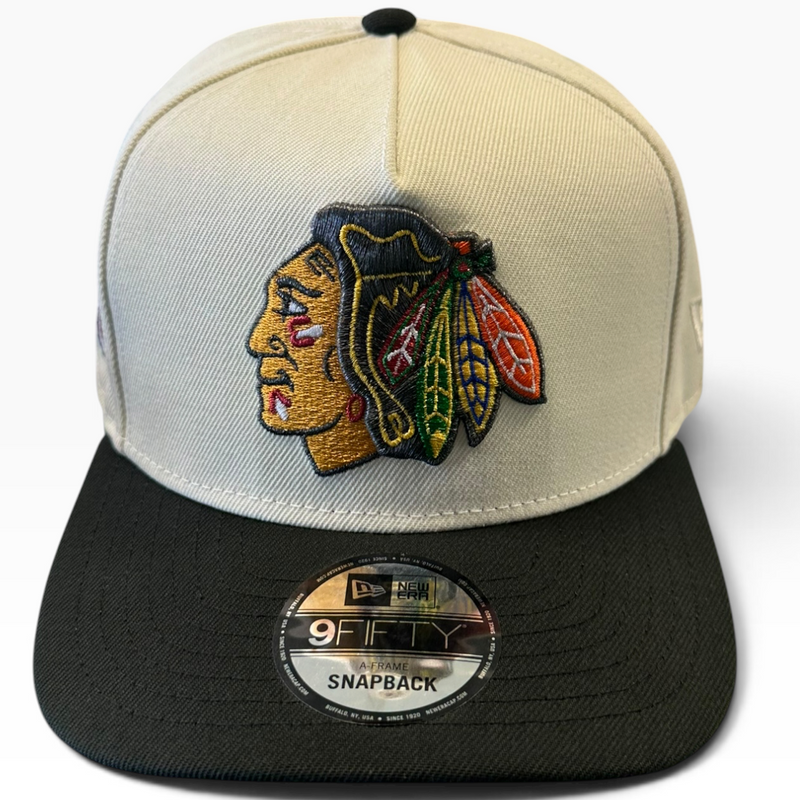 Chicago Blackhawks cream and black New Era 9FIFTY A-Frame snapback hat - front view