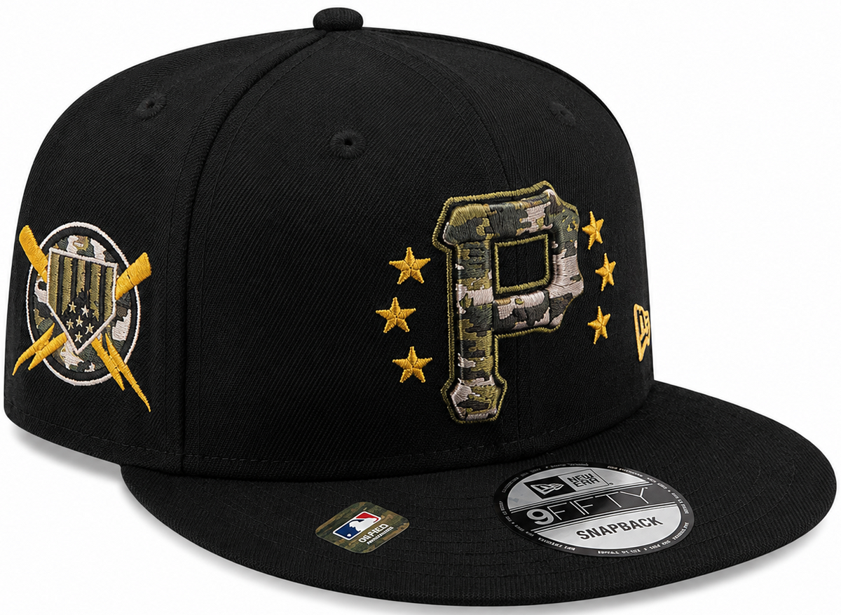 New Era Pittsburgh Pirates black camo 9FIFTY snapback hat with camouflage P logo and gold stars - front view