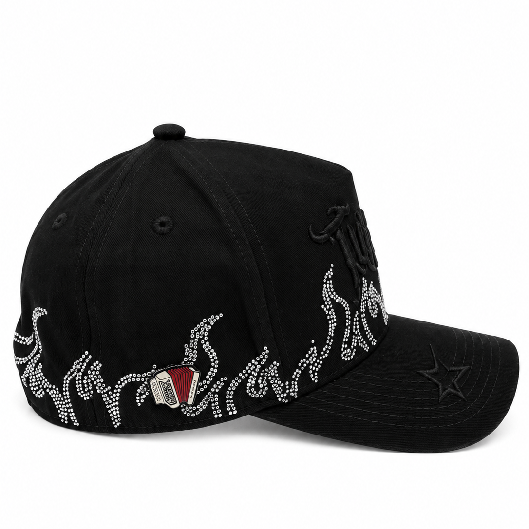 Cash Only rhinestone flame hat with silver flame detailing - side view