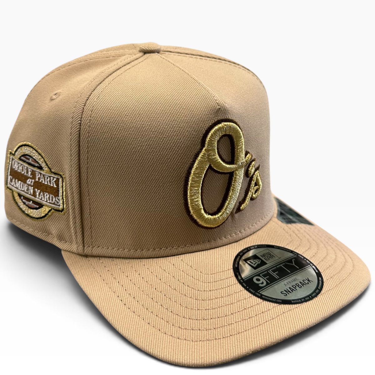 Baltimore Orioles Tan & Gold New Era 9FIFTY A-Frame snapback hat - side view