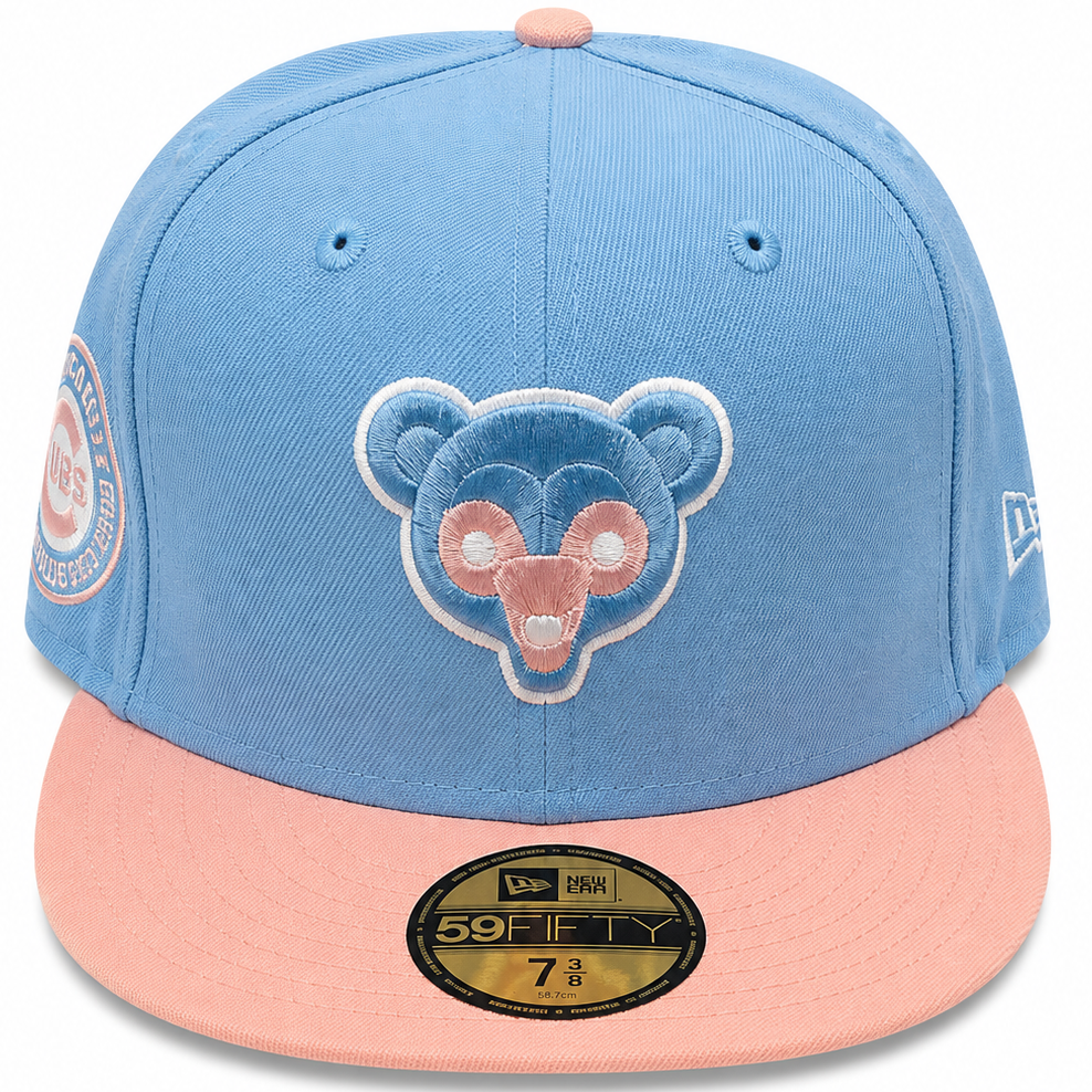 Chicago Cubs sky blue and peach bear logo New Era 59FIFTY fitted hat - detail view