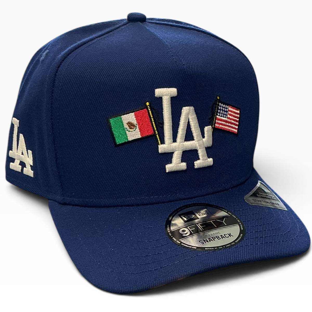 Los Angeles Dodgers Mexico and USA flags navy New Era 9FIFTY A-Frame stretch-snap hat - side view