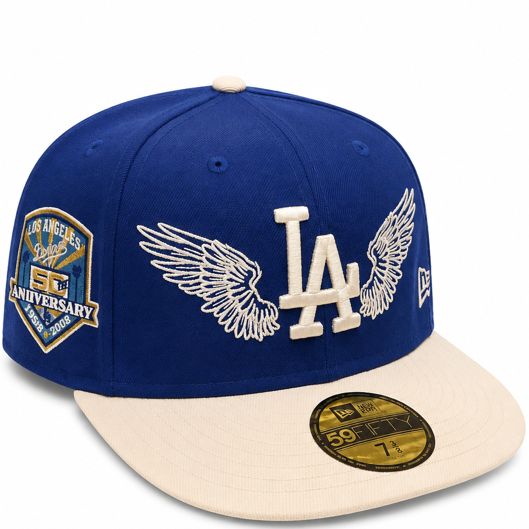 Los Angeles Dodgers royal blue and cream winged LA New Era 59FIFTY fitted hat - side view
