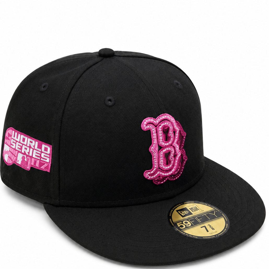 Boston Red Sox black and pink New Era 59FIFTY fitted hat - side view