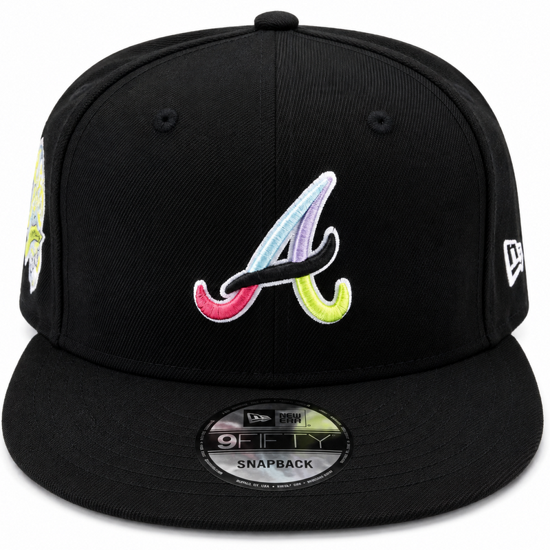 Atlanta Braves 2021 World Series black 9FIFTY snapback hat with multi-color A logo - front view