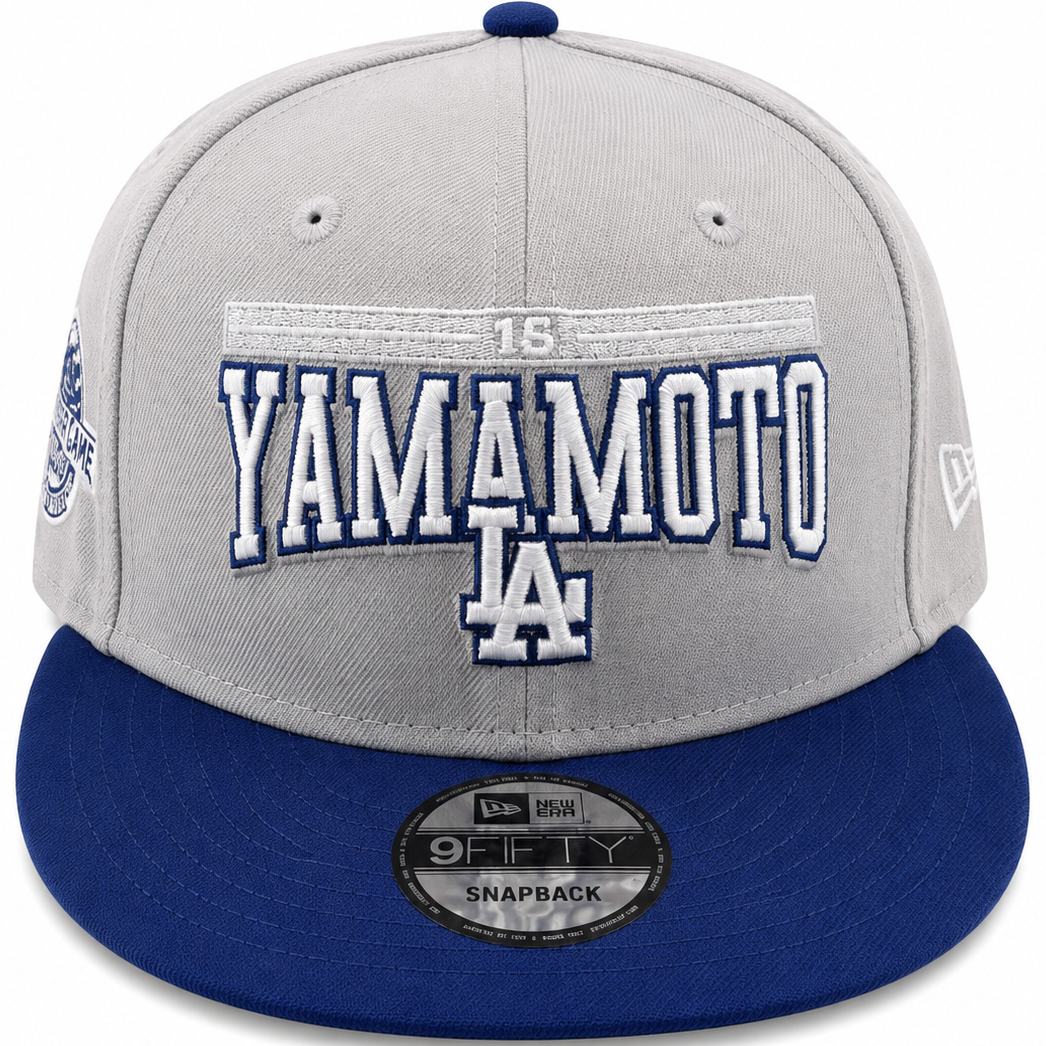 New Era Los Angeles Dodgers Yamamoto gray and royal blue 9FIFTY snapback hat - front view