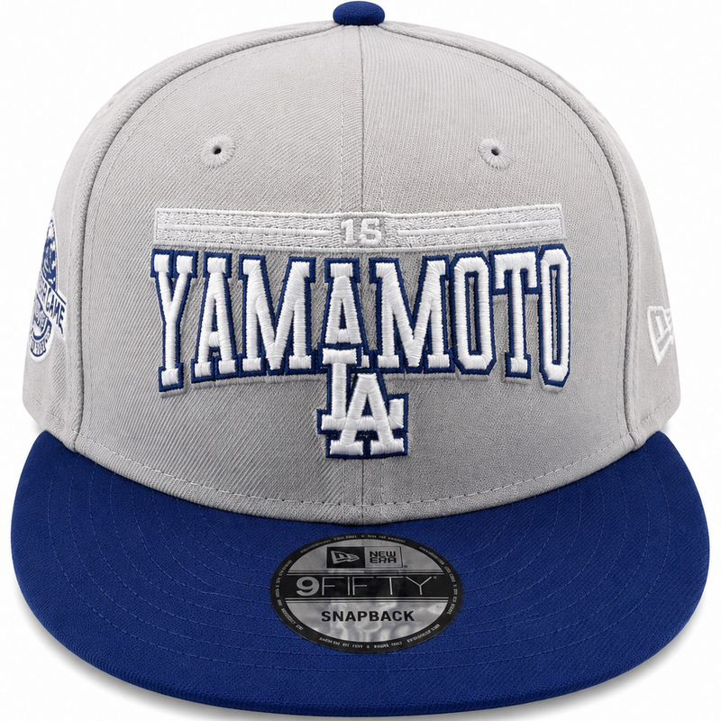 New Era Los Angeles Dodgers Yamamoto gray and royal blue 9FIFTY snapback hat - front view