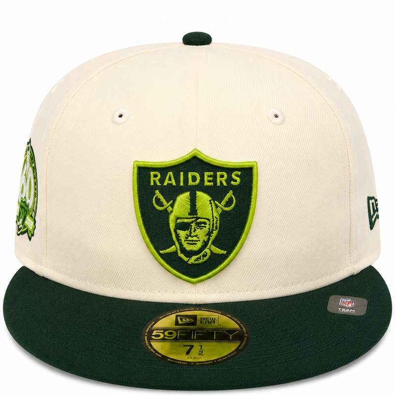 Las Vegas Raiders cream/green New Era 59FIFTY fitted hat - front view