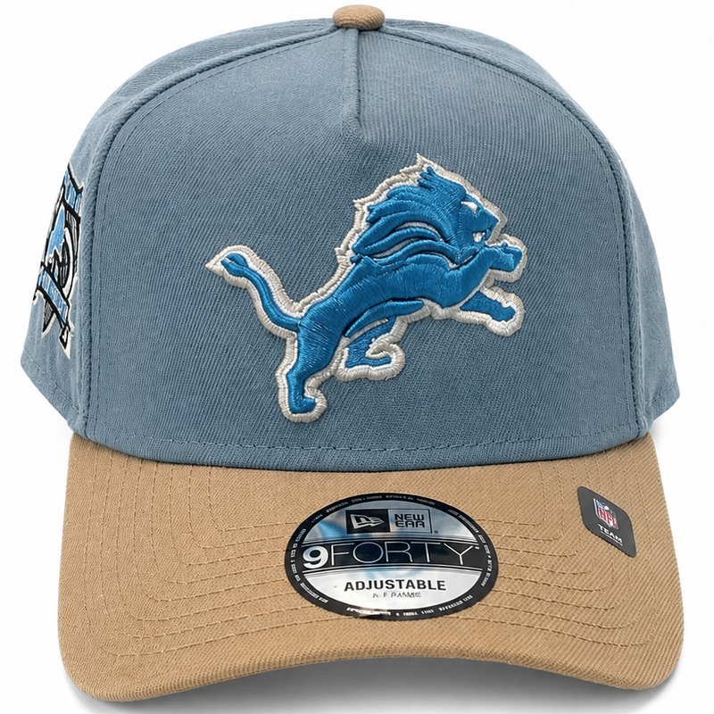 Detroit Lions blue-gray and tan New Era 9FORTY A-Frame adjustable hat - side view