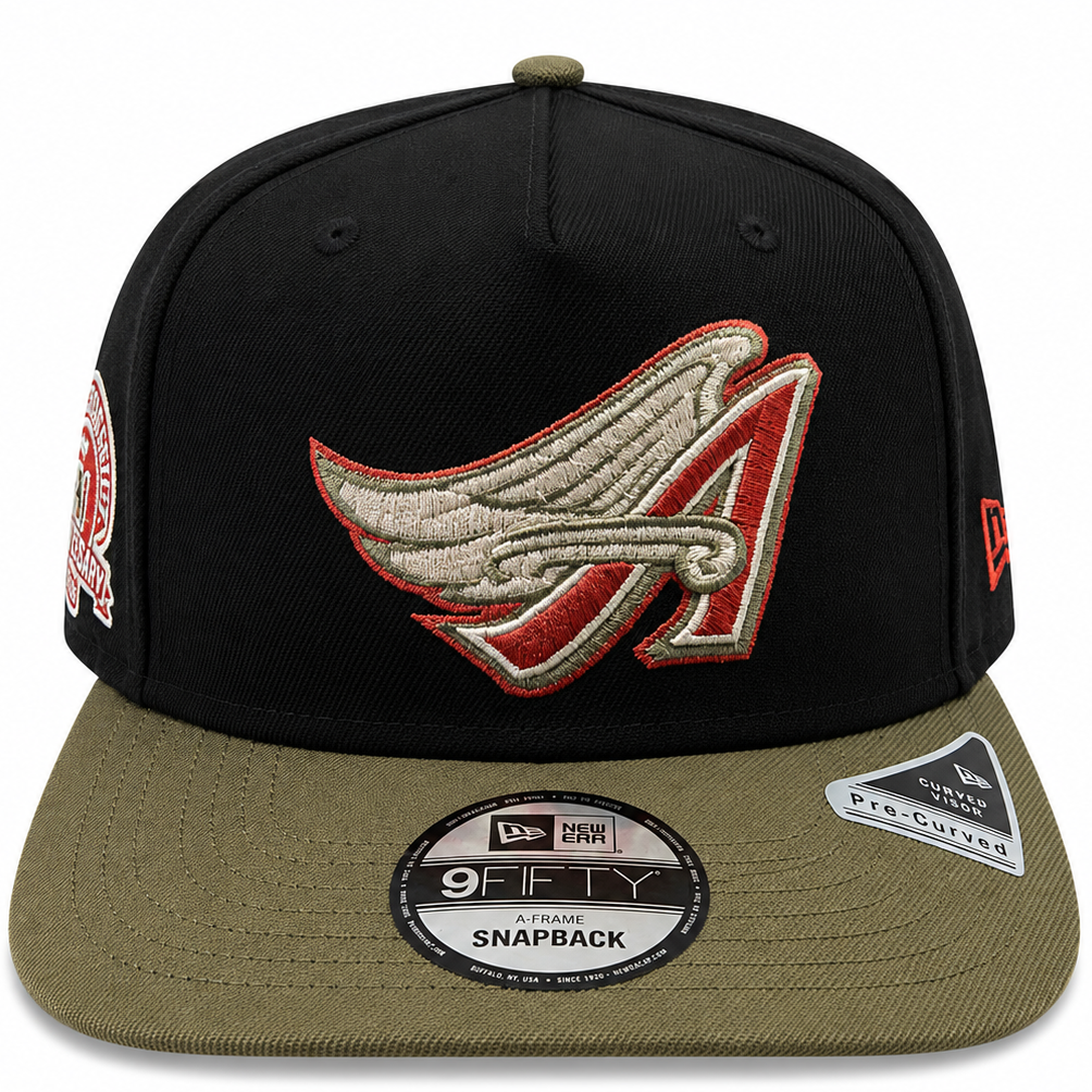 New Era Los Angeles Angels black and olive 9FIFTY A-Frame snapback hat with winged A logo - front view