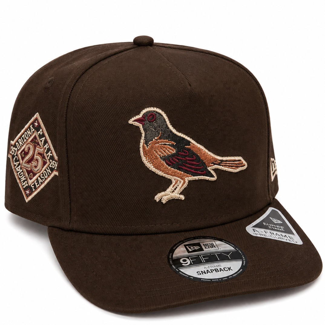 Baltimore Orioles brown New Era 9FIFTY A-Frame snapback hat - front view