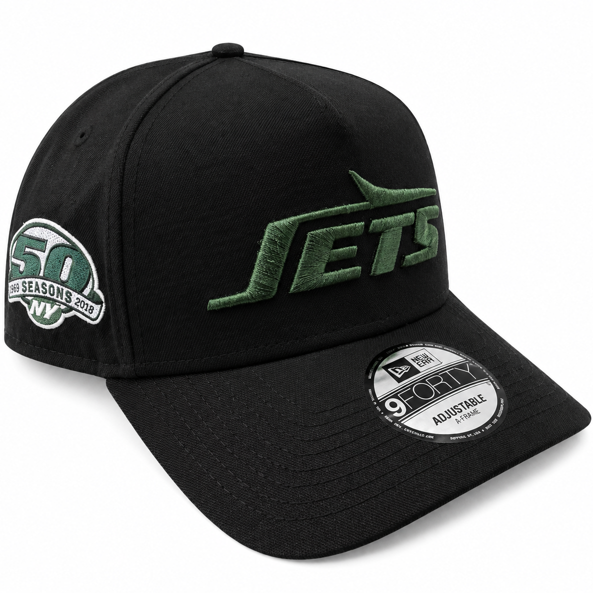 New Era New York Jets black and green 9FORTY A-Frame hat with dark green Jets embroidery - front view