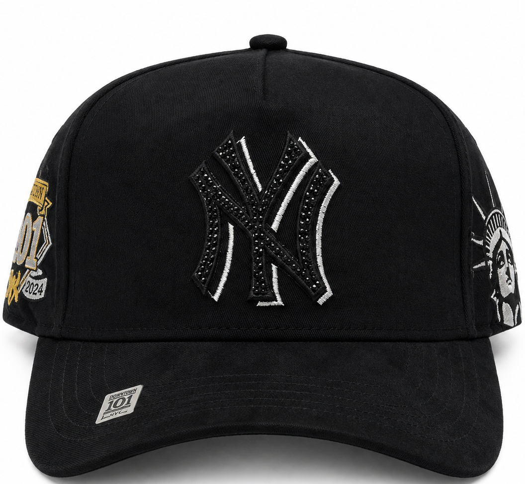 Black NY Downtown 101 Statue of Liberty hat with rhinestone NY logo - front view