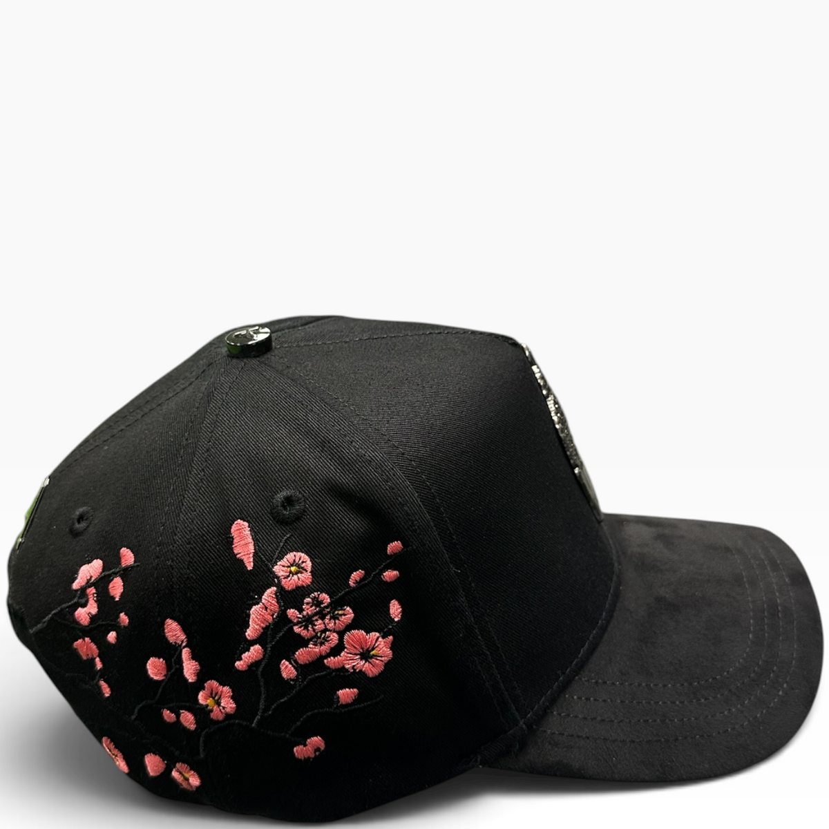 Buddha cherry blossom black and pink adjustable hat - detail view