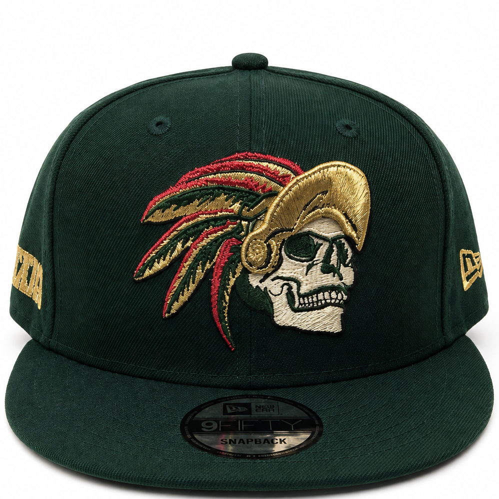 Aztec warrior skull forest green snapback hat - front view