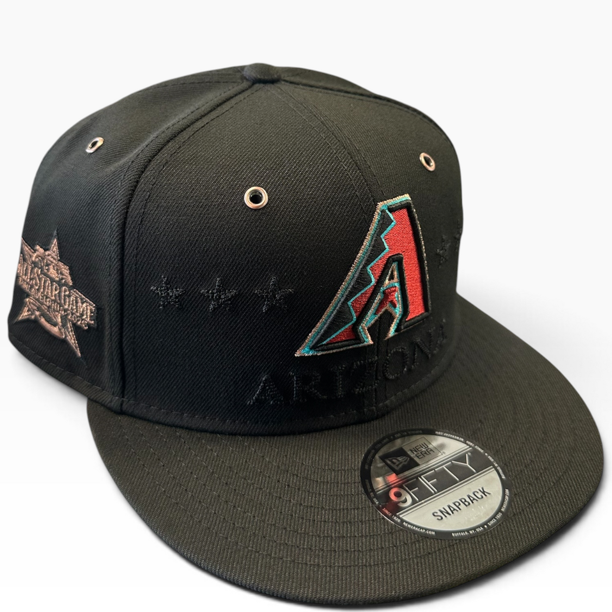 D-backs black snapback with red and teal A logo - side view