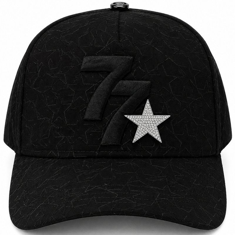 77 star rhinestone black snapback hat with raised 77 embroidery - front view