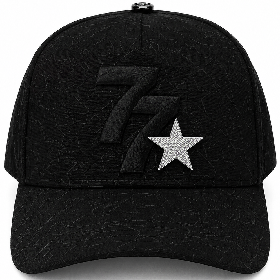 77 star rhinestone black snapback hat with raised 77 embroidery - front view