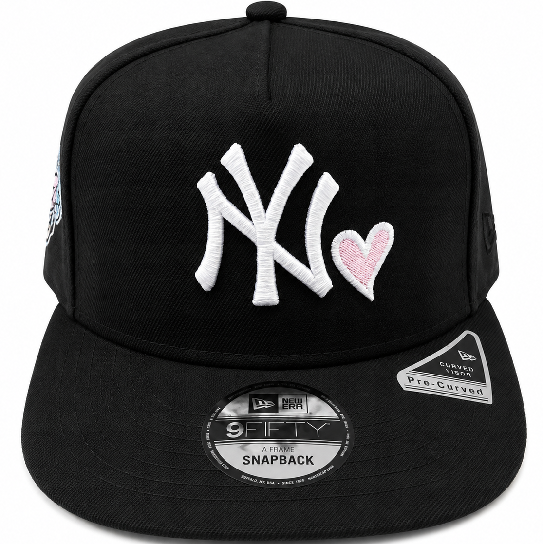 New York Yankees Heart black 9FIFTY A-Frame snapback hat with white NY logo and pink heart - front view